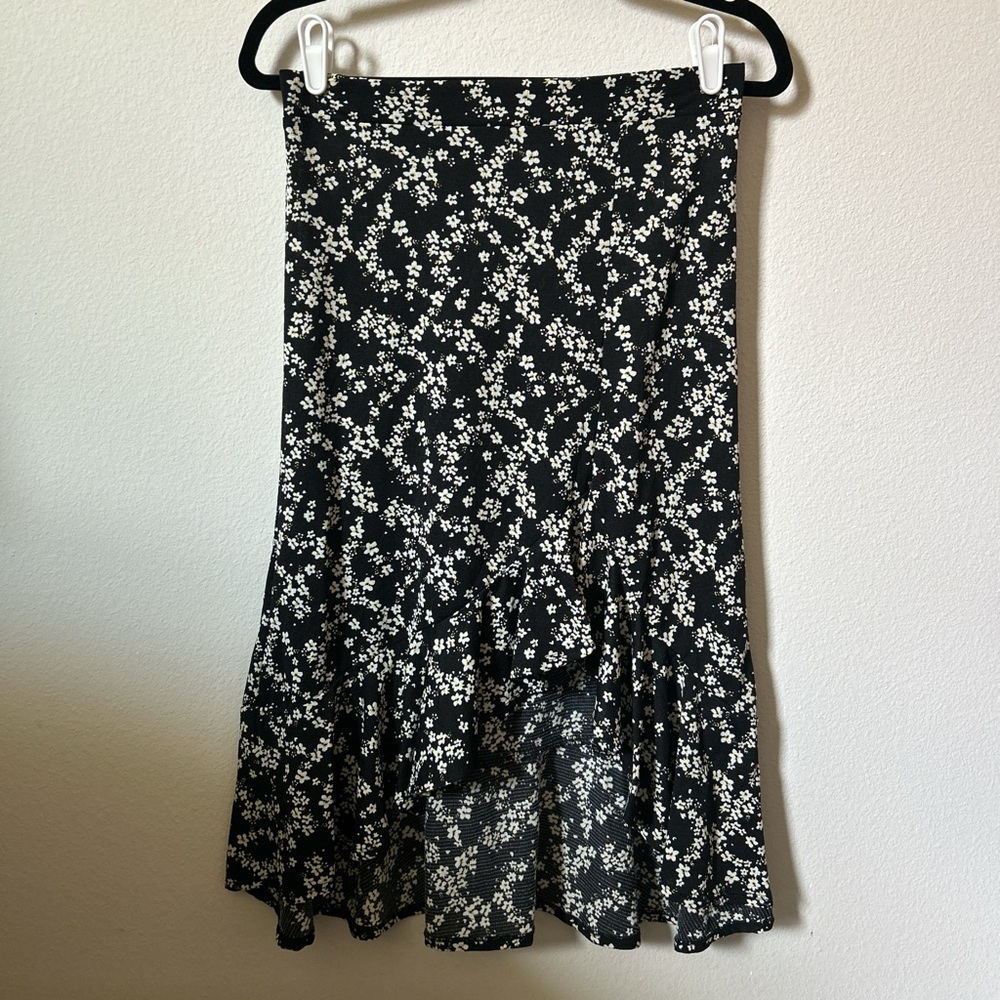 Floral Black and White Women's High Low Midi Skirt